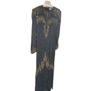 Vintage Black Tie Womens Dress Size 10 Long Beaded Evening Gown Gold